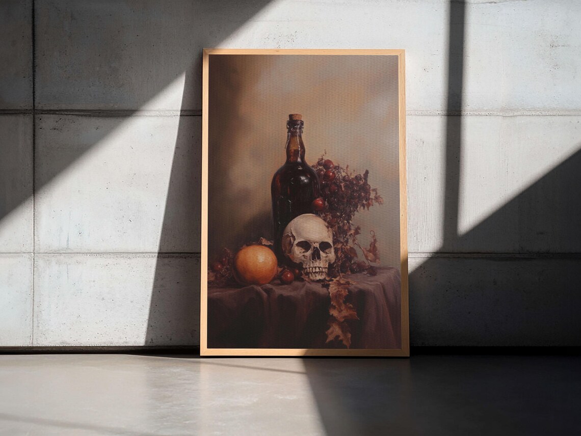 Skull Wine Bottle Fruit Still Life Dark Vanitas Oil Painting Gothic Wall Art - Image 4