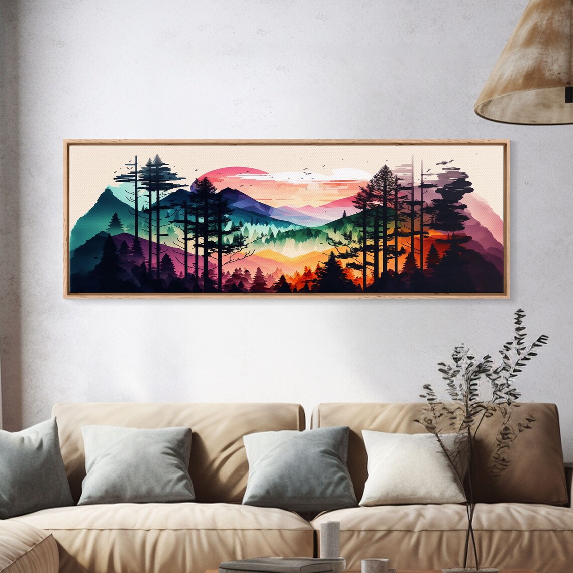 Vibrant Double Exposure Watercolor Of A Mountain Landscape And Pine Tree Forest At Sunset Wide Panoramic Framed Print - Image 4