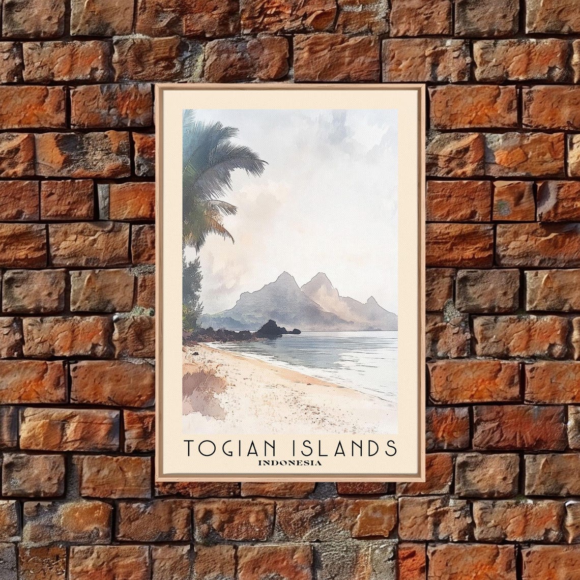 Togian Islands Indonesia Palm Beach Hazy Mountains Watercolor Poster - Image 4
