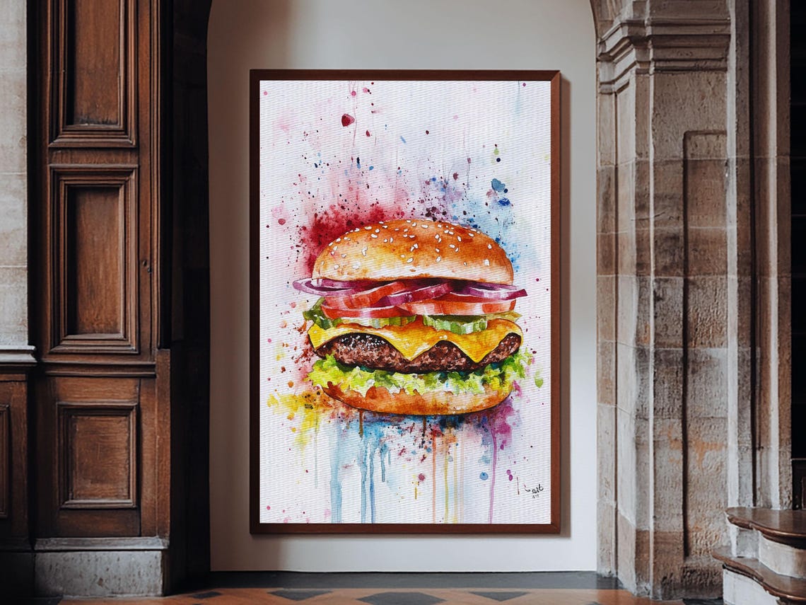 Watercolor Splatter Cheeseburger Colorful Kitchen Food Art Print
