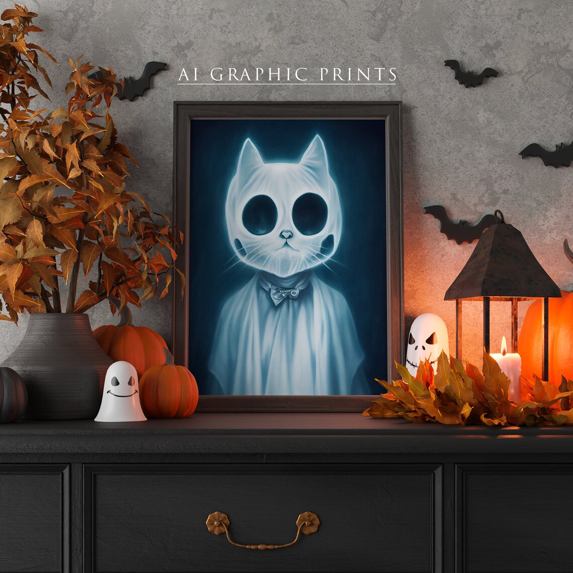 Ghost Cat, Halloween Fall Decor Art Print