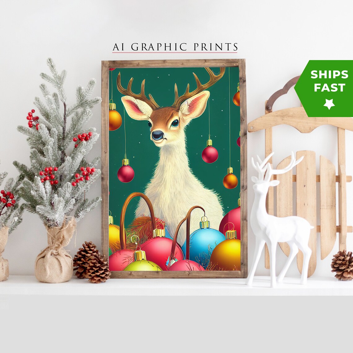 Reindeer Christmas Poster, Cute Retro Holiday Decor