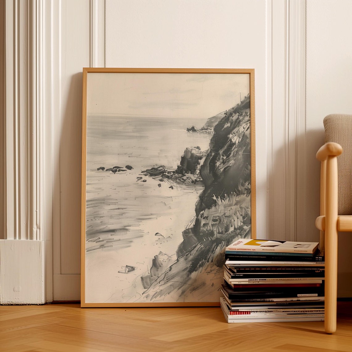 Monochrome Rocky Coast Cliffs Black And White Coastal Sketch Poster