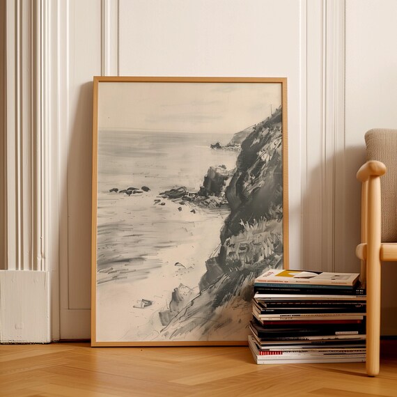 Monochrome Rocky Coast Cliffs Black And White Coastal Sketch Poster