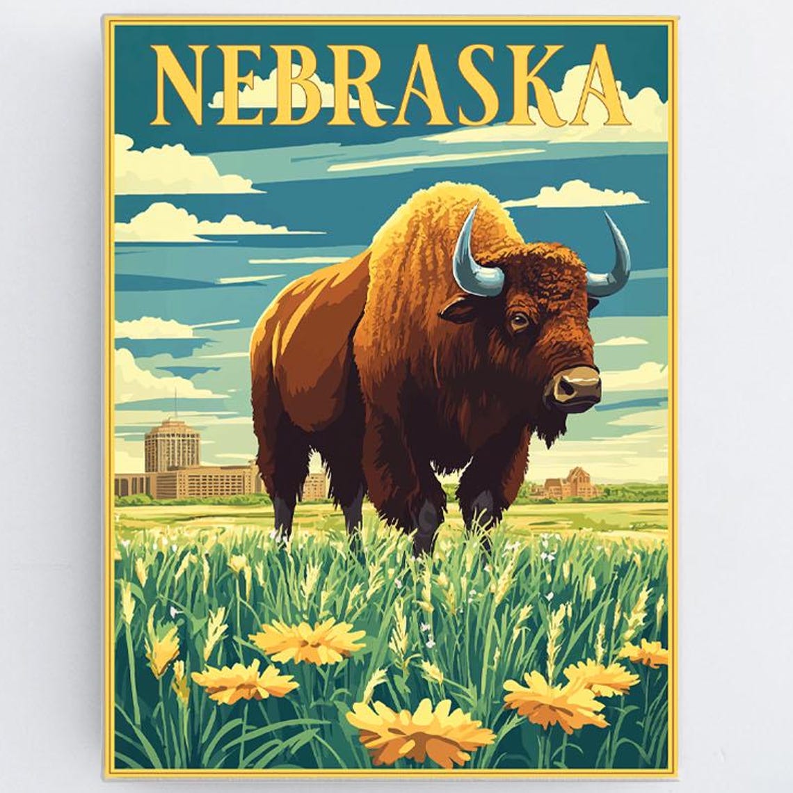 Nebraska Bison Prairie Golden Wildflowers Vintage Travel Poster