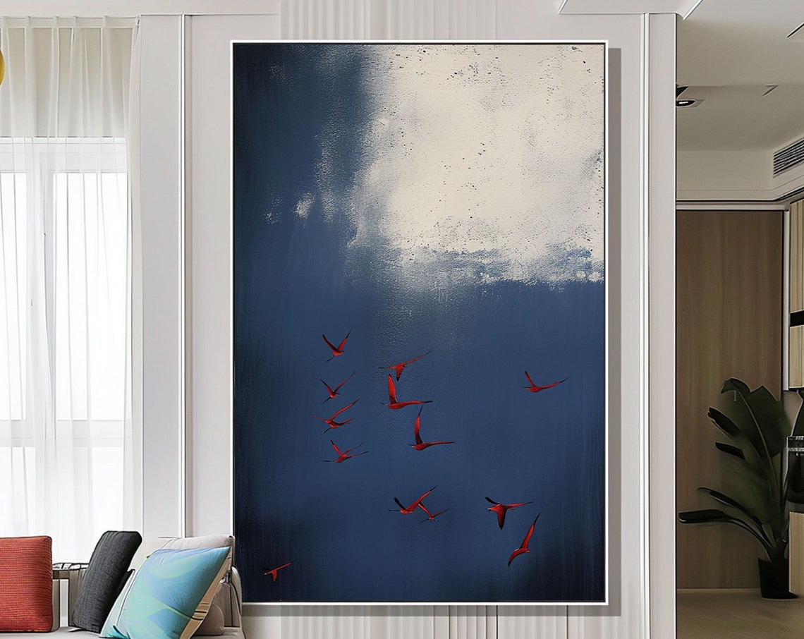 Navy White Abstract Red Birds Flock Flight Dramatic Art Poster