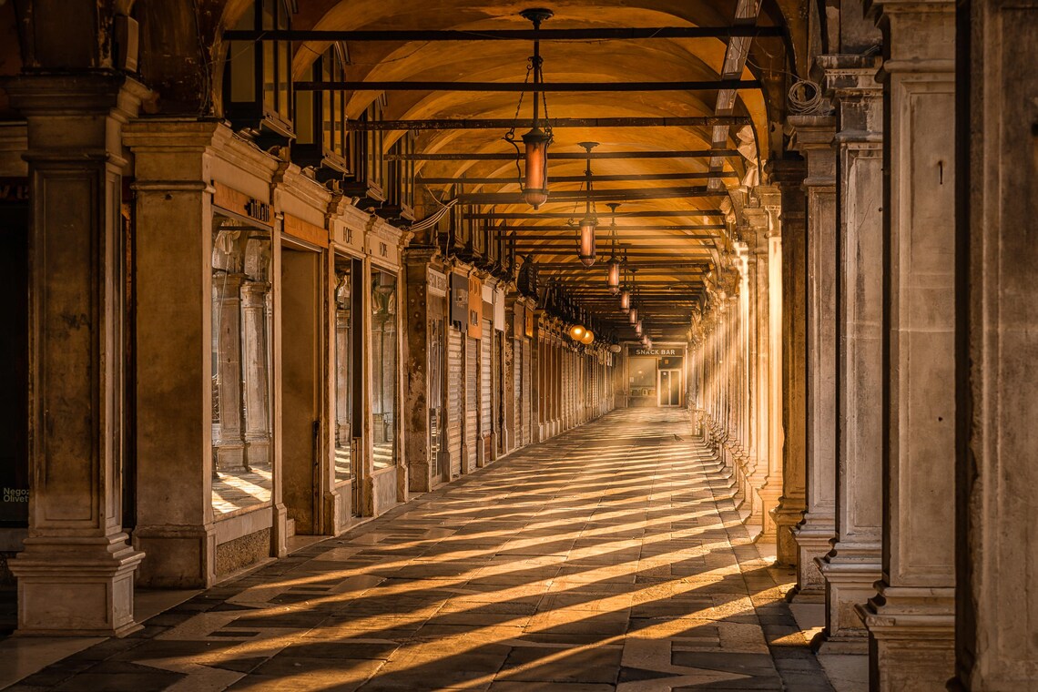 Venice Italy Golden Sunlit Arcade Colonnade Architecture Photo Poster - Image 2