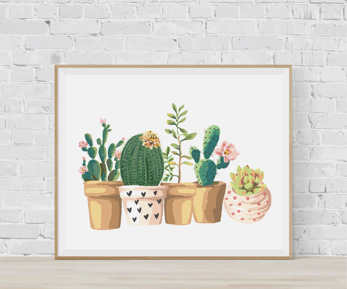 Watercolor Cactus Succulent Pots Botanical Plant Lover Wall Art
