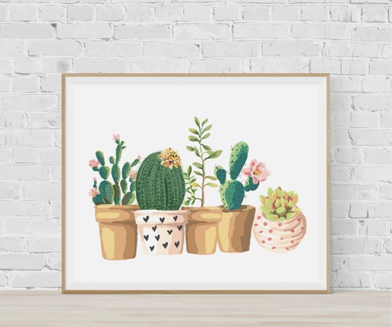 Watercolor Cactus Succulent Wall Art Plant Poster Botanical Print Foliage Painting Greenery Leaf Houseplant Pot