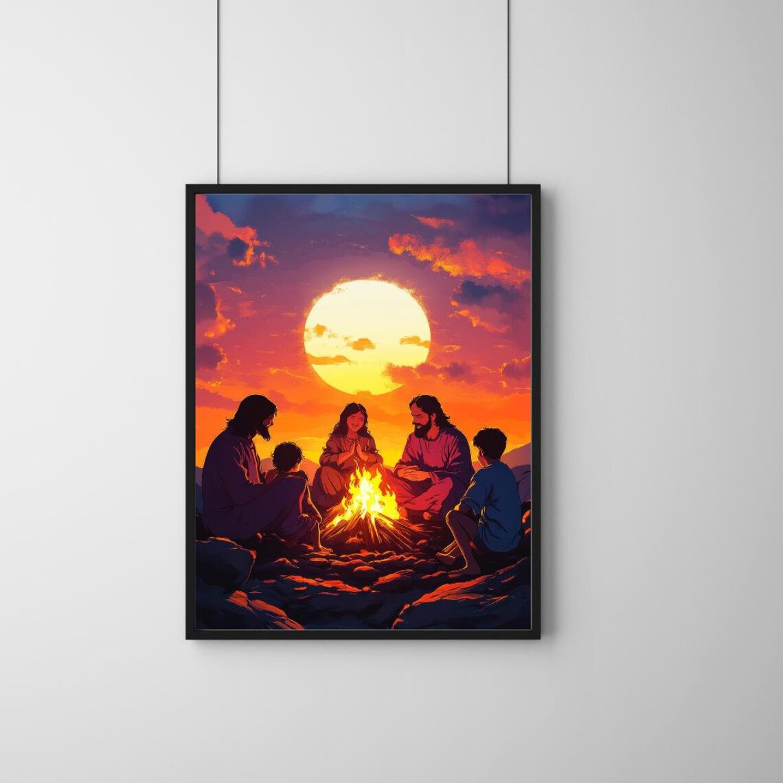 Jesus and Followers Around Campfire at Sunset Silhouette Print - Image 3