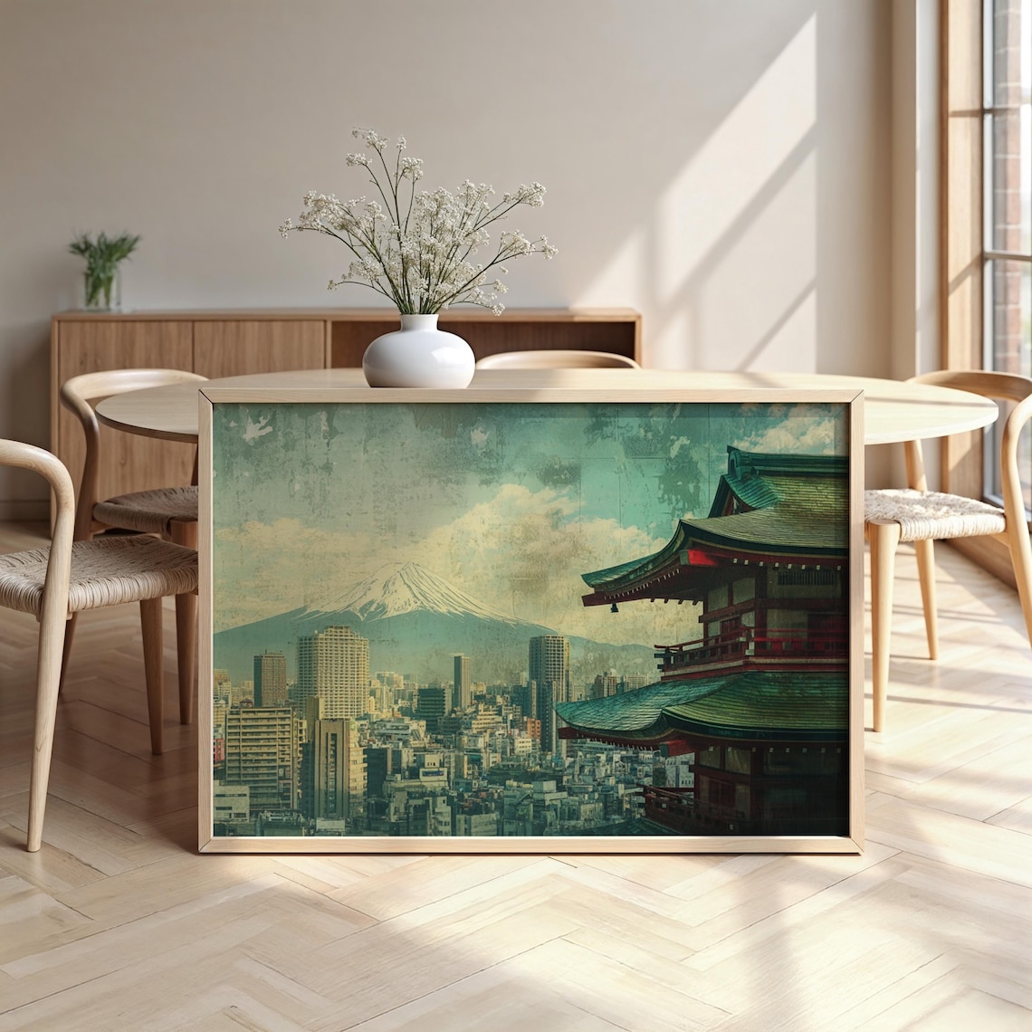 Tokyo Japan Cityscape With Mt Fuji And Pagoda Vintage Travel Poster