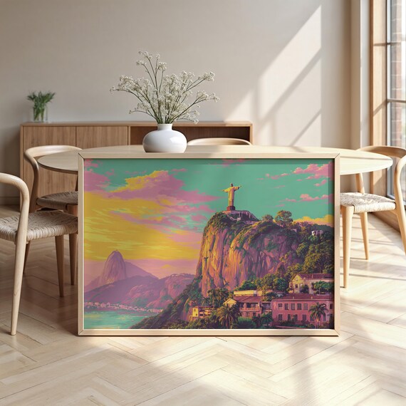 Christ the Redeemer Rio Poster with Colorful Sunset and Sugarloaf
