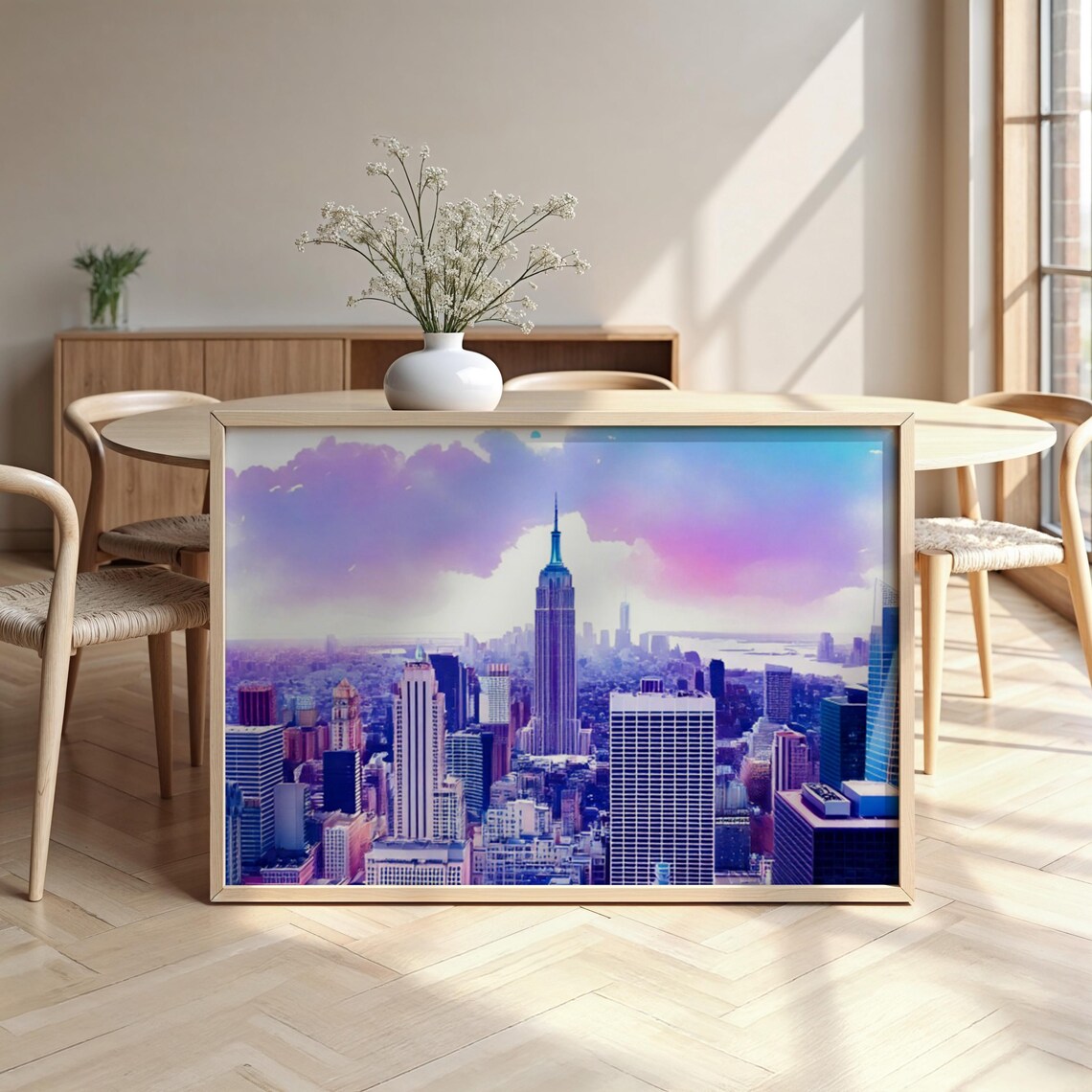 New York City Skyline Sunset Purple Sky Empire State Building View Poster