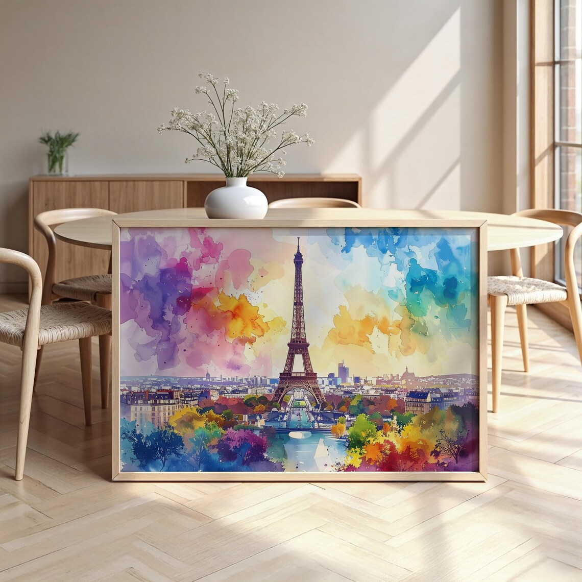Eiffel Tower Paris Watercolor Poster with Pink Blue and Gold Sky