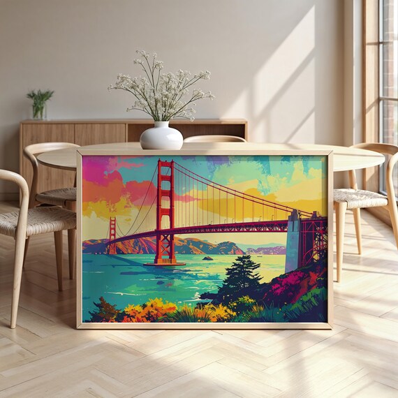 Golden Gate Bridge San Francisco Colorful Watercolor Sunset Art Poster