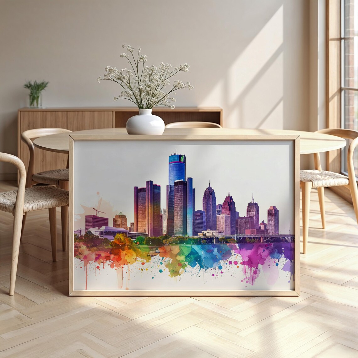 Detroit Michigan Skyline Colorful Watercolor Travel Cityscape Poster