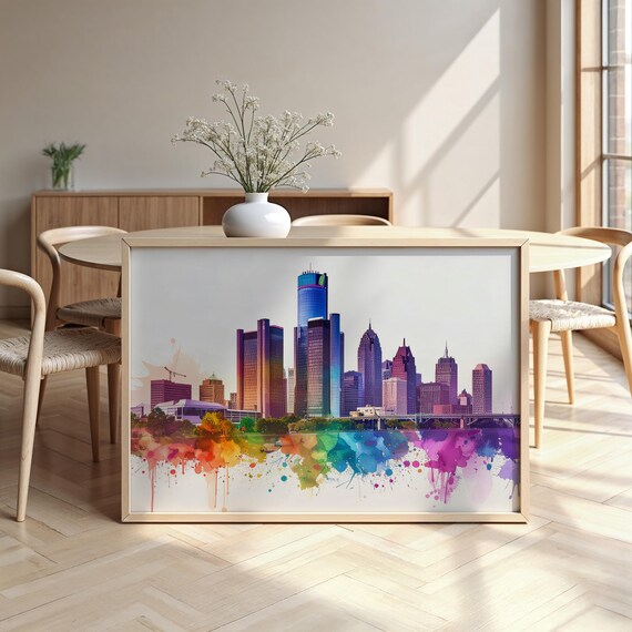 Detroit Michigan Skyline Colorful Watercolor Travel Cityscape Poster