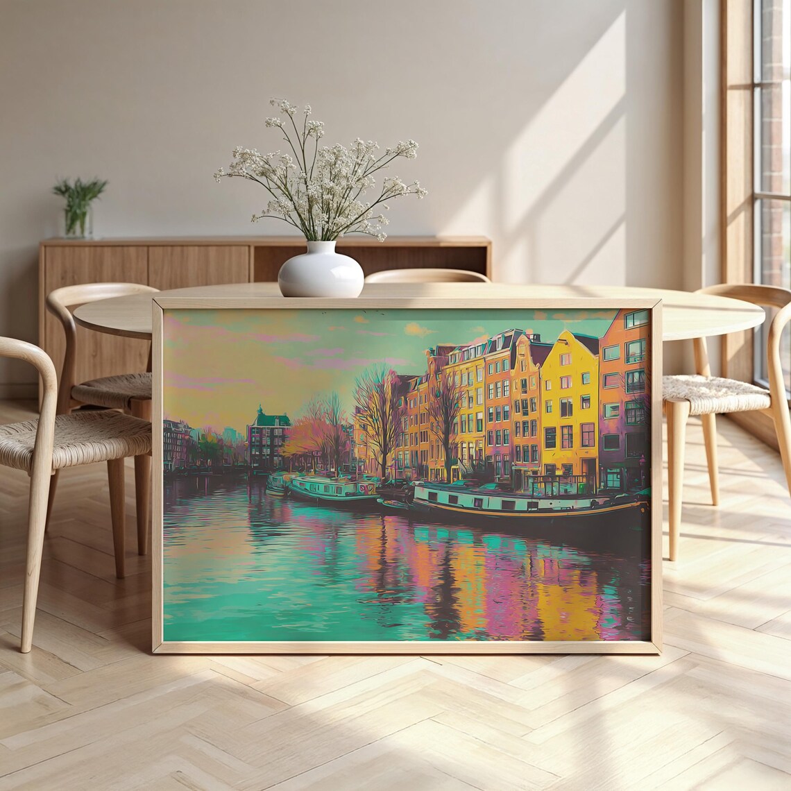 Amsterdam Canal Watercolor Colorful Houses Houseboats City Poster