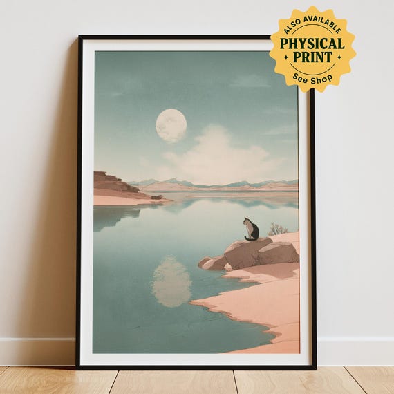 Japandi Cat Print Minimalist Black Full Moon Lake