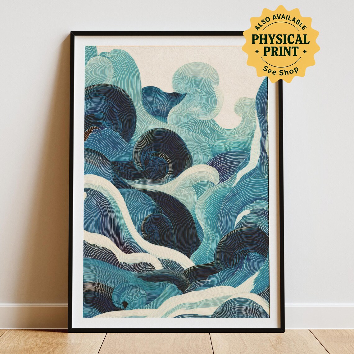 Blue Japanese Wave Line Art Ocean Swirls Coastal Wall Poster