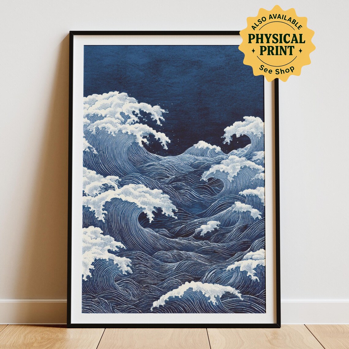 Deep Blue Ocean Waves Japanese Woodblock Style Seascape Wall Art