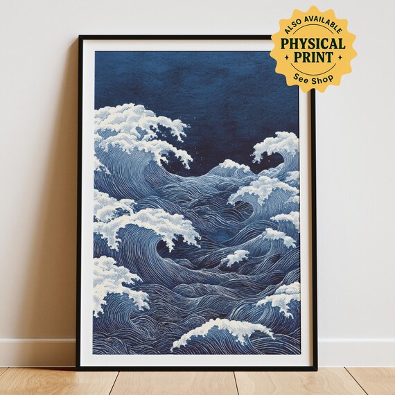 Deep Blue Ocean Waves Japanese Woodblock Style Seascape Wall Art