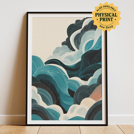Teal Ocean Wave Swirls Japanese Style Coastal Art Wall Poster