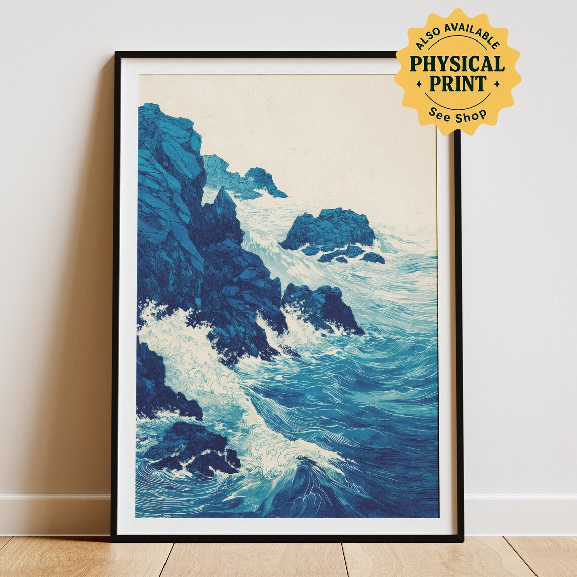 Blue Rocky Coast With Crashing Waves Japanese Style Art Poster