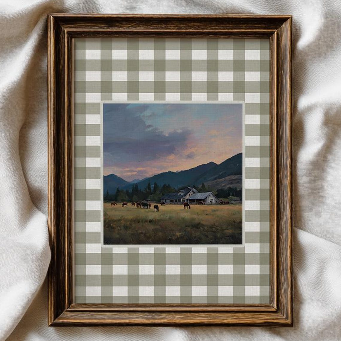 Cattle At Dusk Barn Vintage Farm Landscape Gingham Art Poster