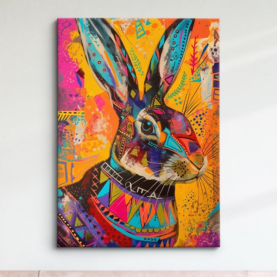 Vibrant Geometric Rabbit Art Bold Colorful Animal Wall Decor Boho Tribal Style Artwork Unique Gift For Modern Home Bathroom Decor