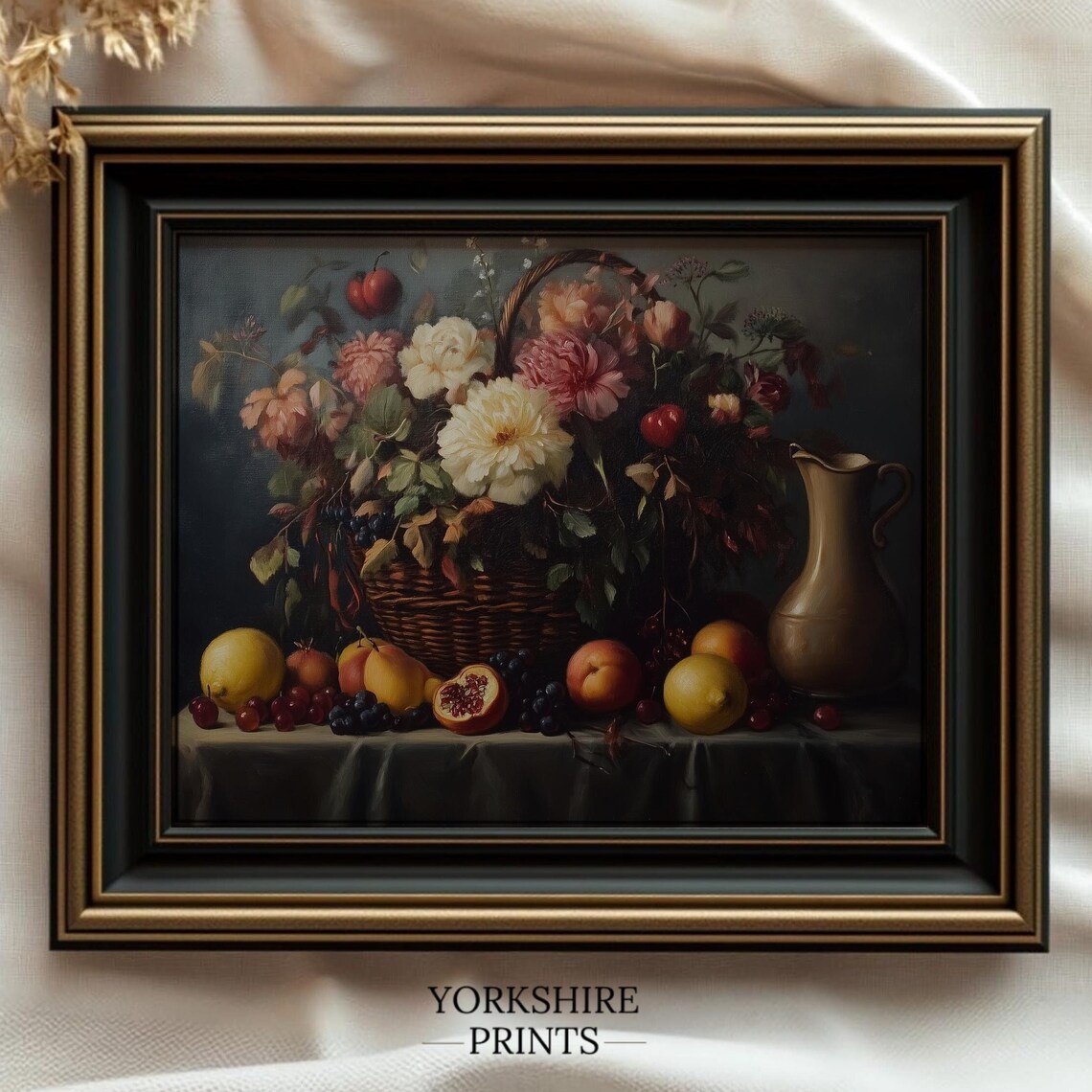 Vintage Still Life Floral Fruit Basket Art Print