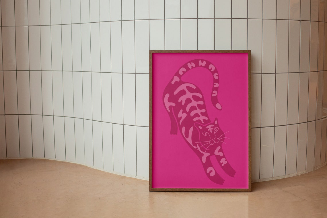 Hot Pink Stretching Tiger Tone on Tone Maximalist Art Poster - Image 2