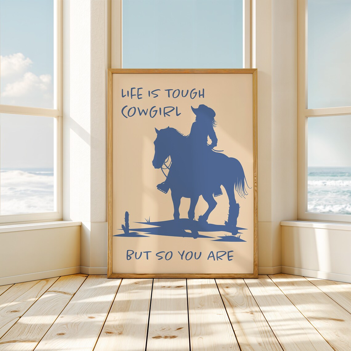 Life Is Tough Cowgirl Cream Navy Rider Silhouette Quote Poster - Image 2