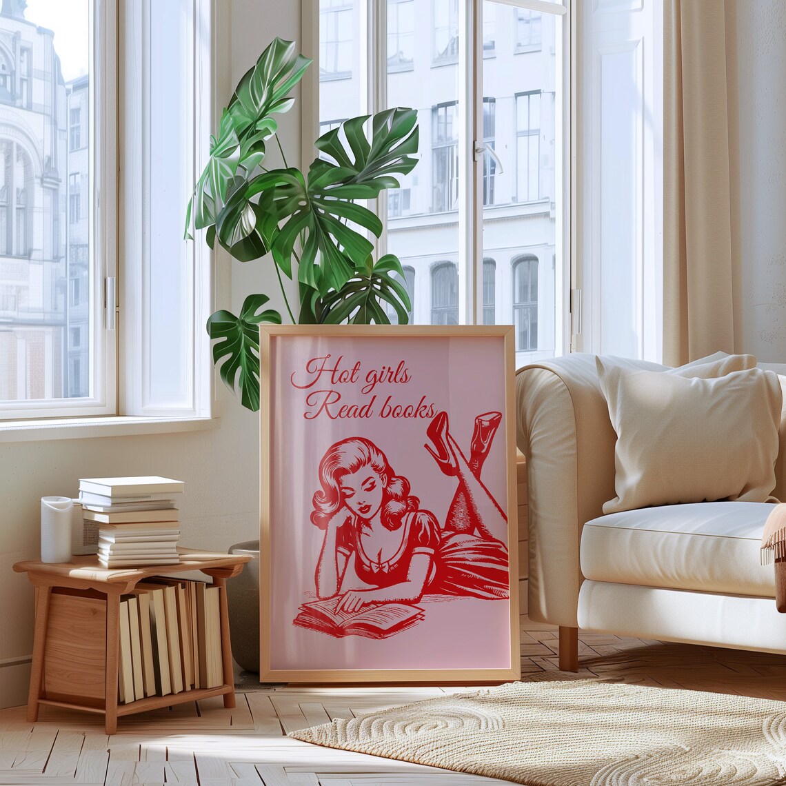Hot Girls Read Books Retro Pin Up Reader Pink Typography Quote Poster - Image 2