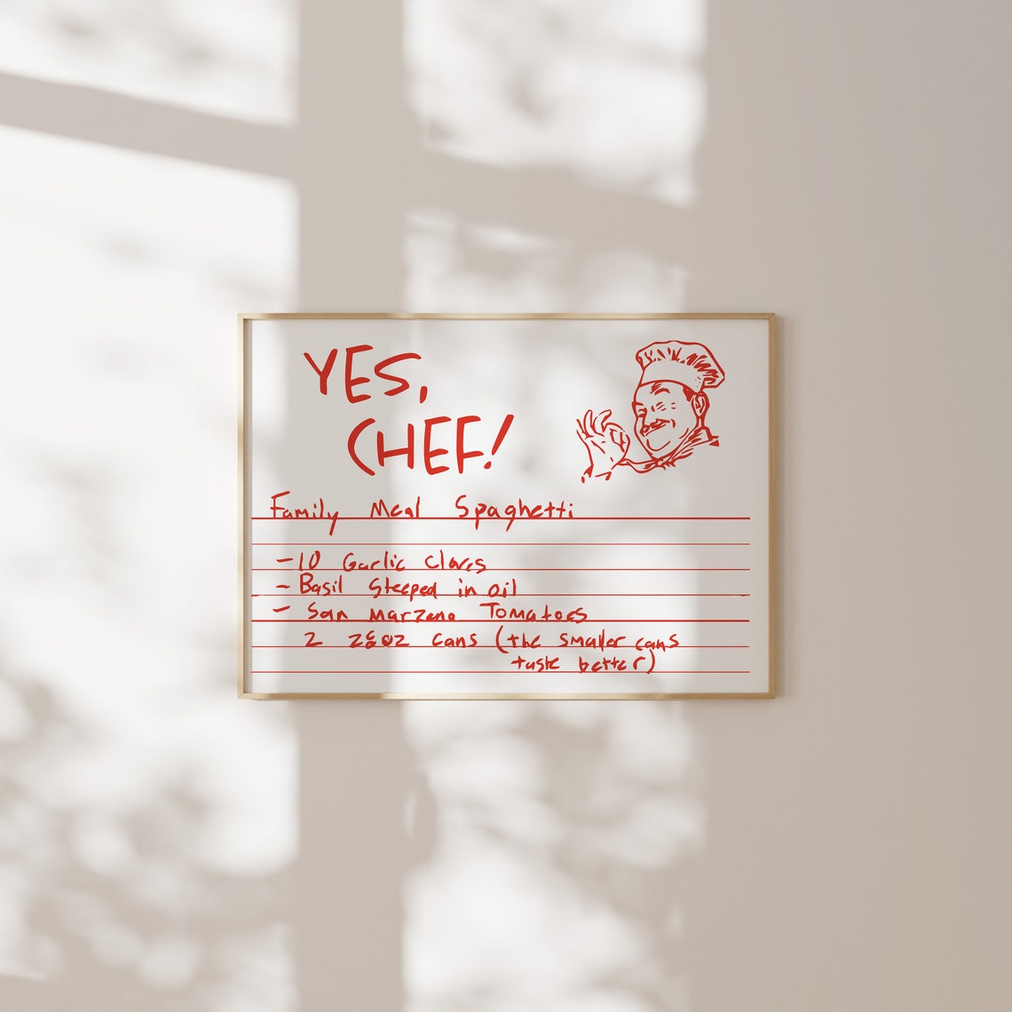 Yes Chef Handwritten Spaghetti Recipe Kitchen Italian Decor Poster - Image 2
