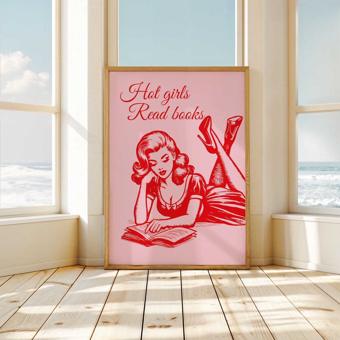 Hot Girls Read Books Retro Pin Up Reader Pink Typography Quote Poster - Image 3