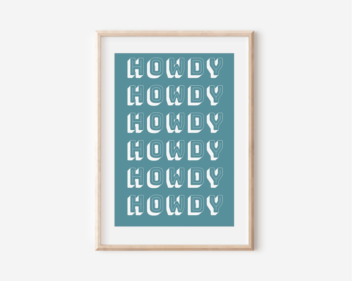 Howdy Repeated Six Times Cream Retro Type Teal Western Poster - Image 2
