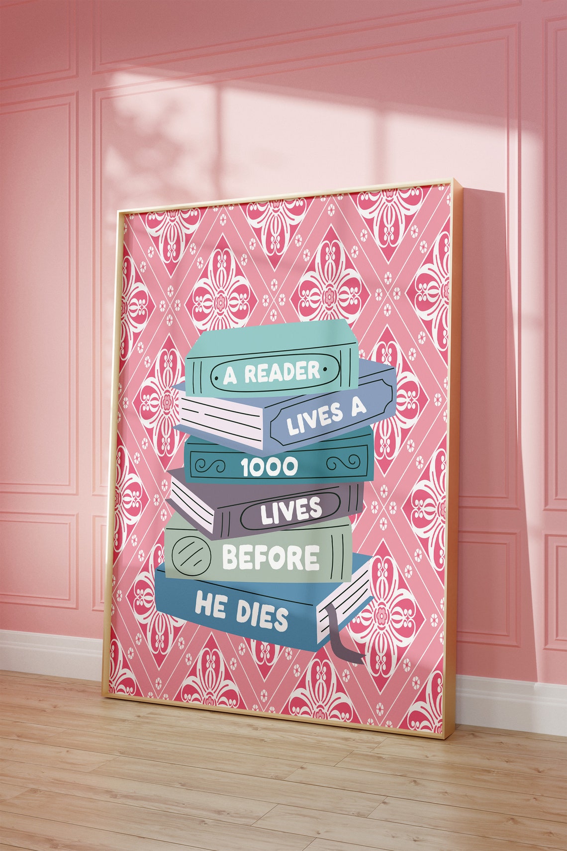 A Reader Lives 1000 Lives Stacked Books Library Quote Poster - Image 3