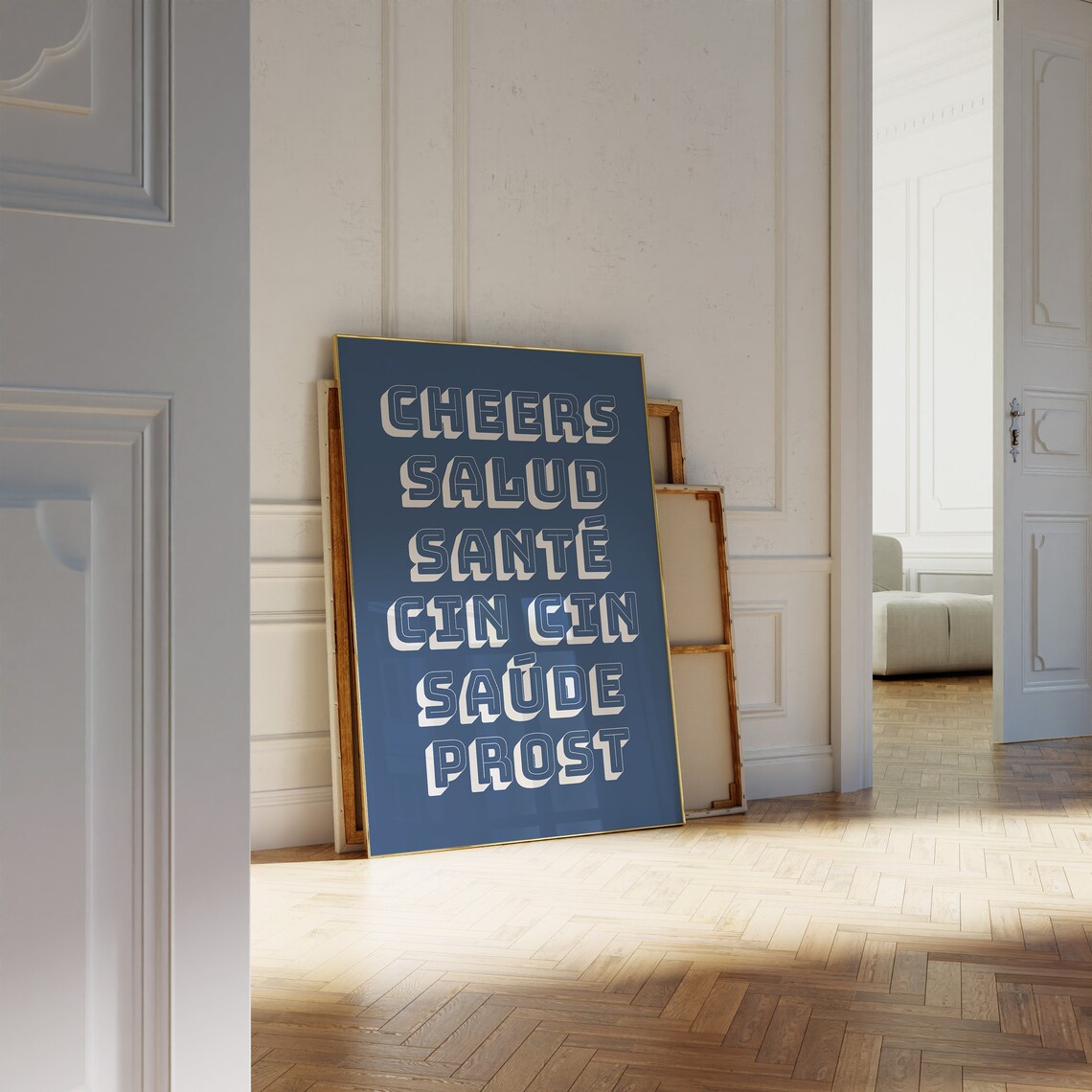 Cheers Salud Sante Multilingual Toast Navy Fun Bar Cart Poster - Image 2
