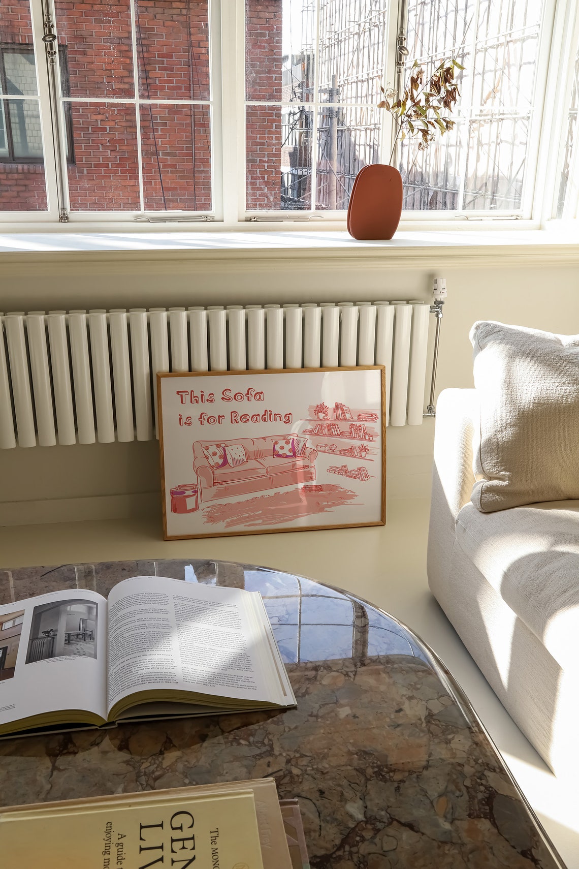 This Sofa Is For Reading Cozy Red And White Book Nook Poster - Image 3
