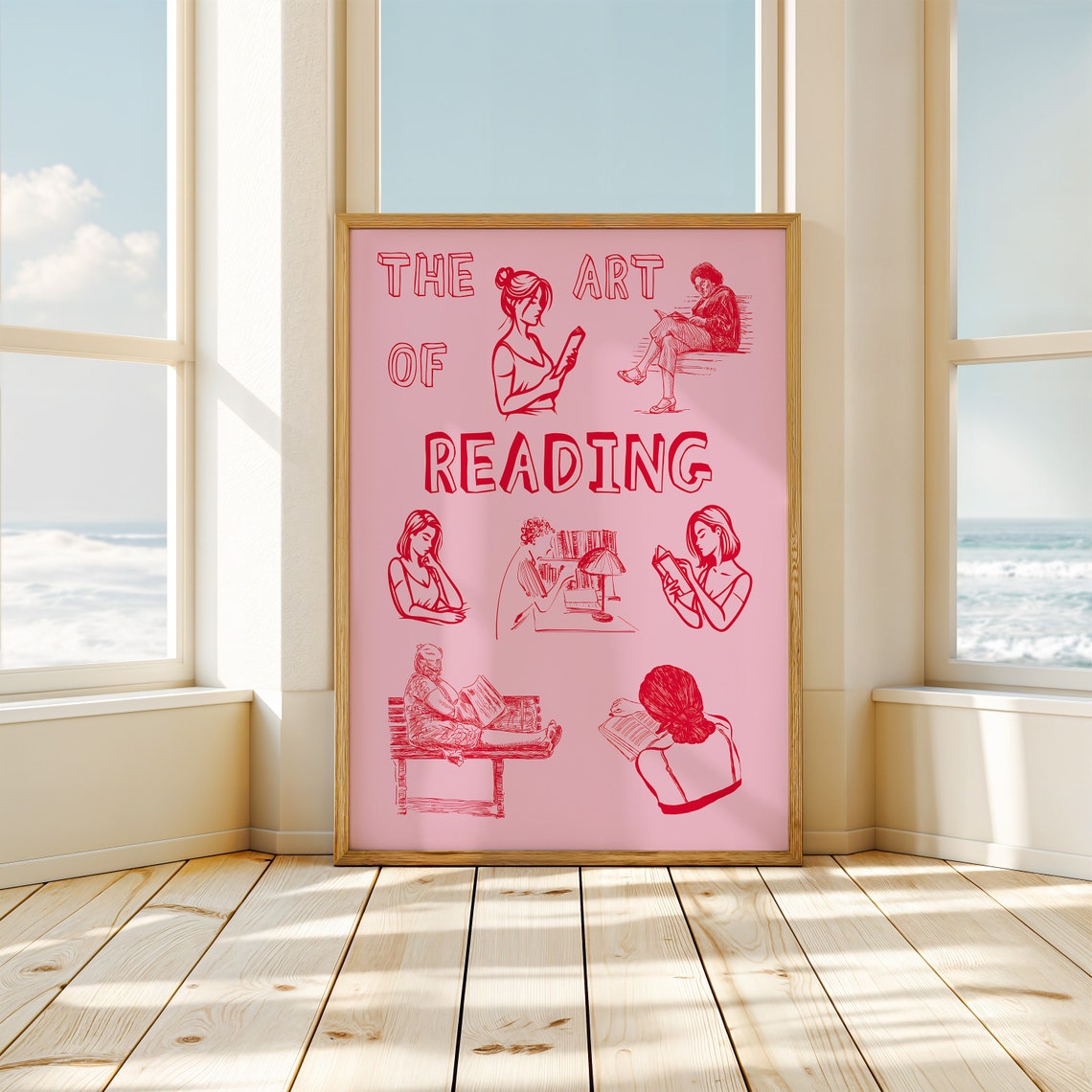 The Art Of Reading Red Pink Women Reading Illustration Poster - Image 2
