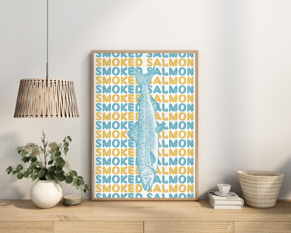 Smoked Salmon Fish Illustration Blue Gold Repeated Text Poster - Image 2