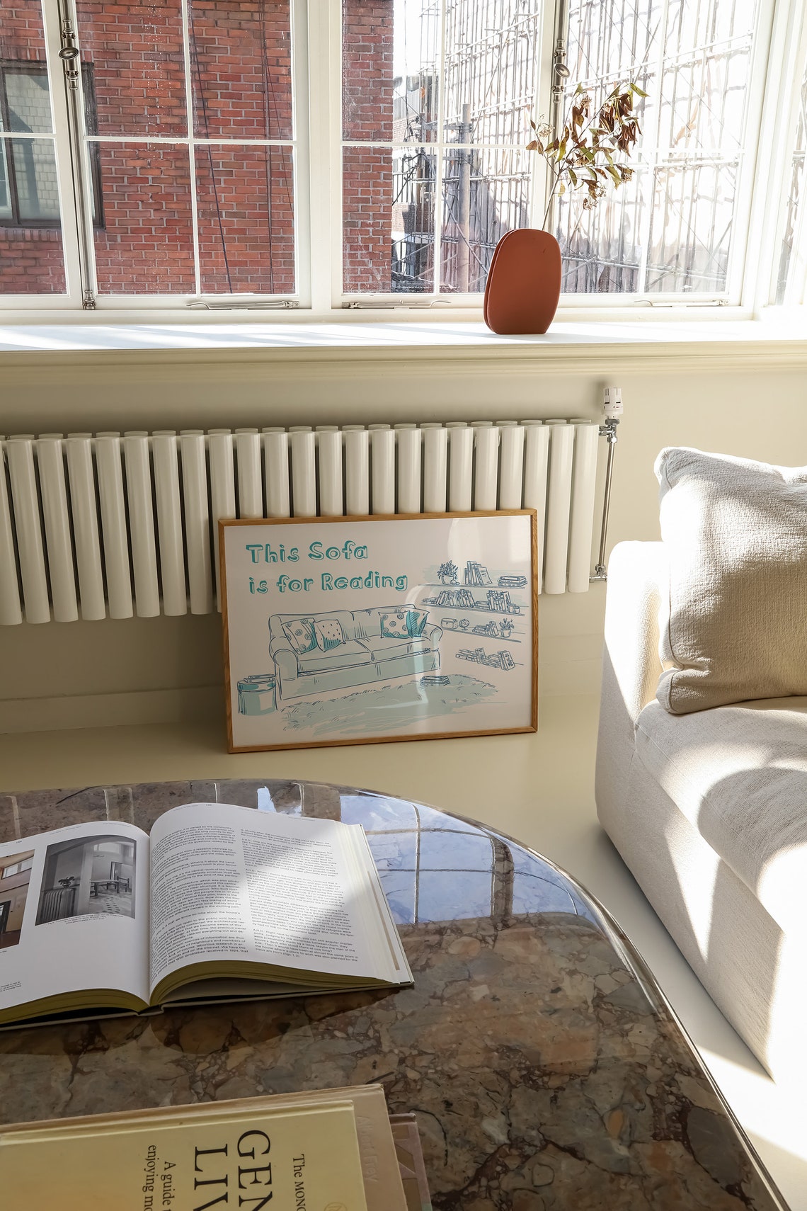 This Sofa Is For Reading Blue And White Cozy Book Nook Poster - Image 2