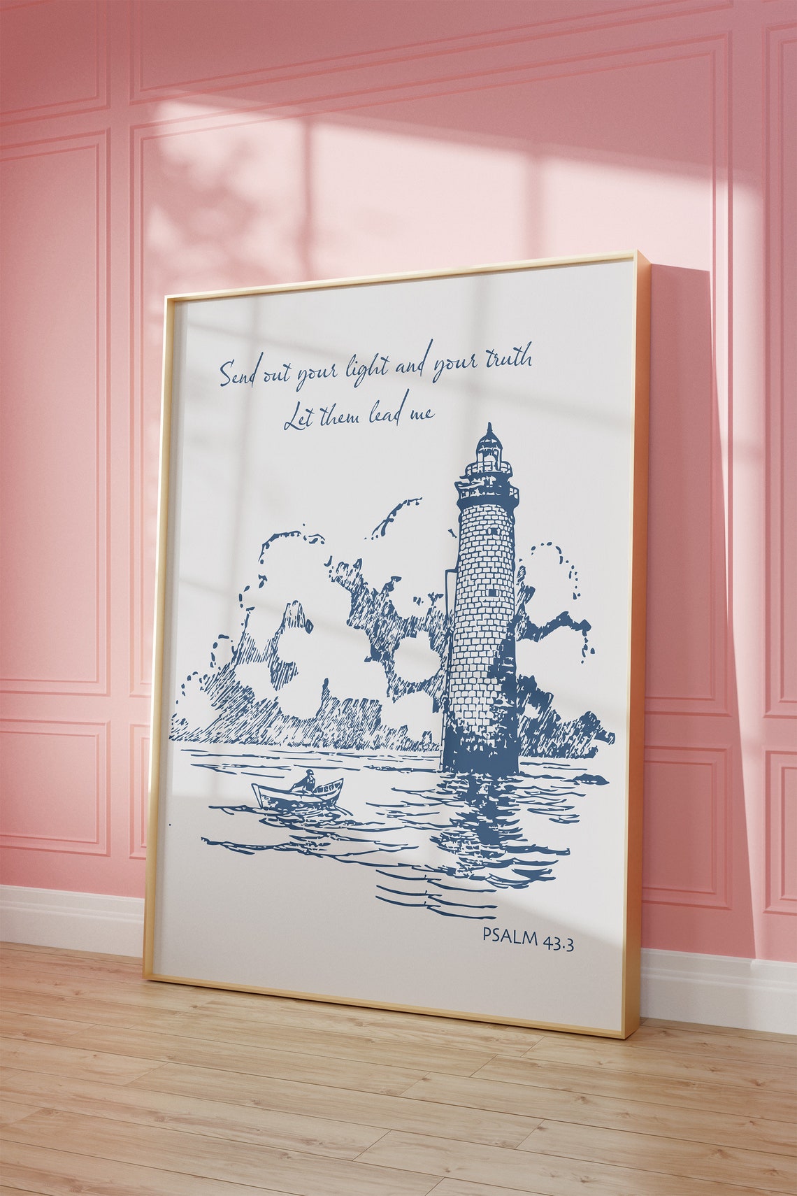 Lighthouse Psalm 43 Verse Blue Coastal Sketch Christian Wall Art