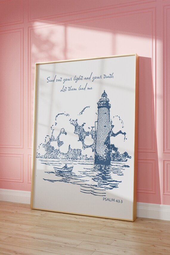 Lighthouse Psalm 43 Verse Blue Coastal Sketch Christian Wall Art