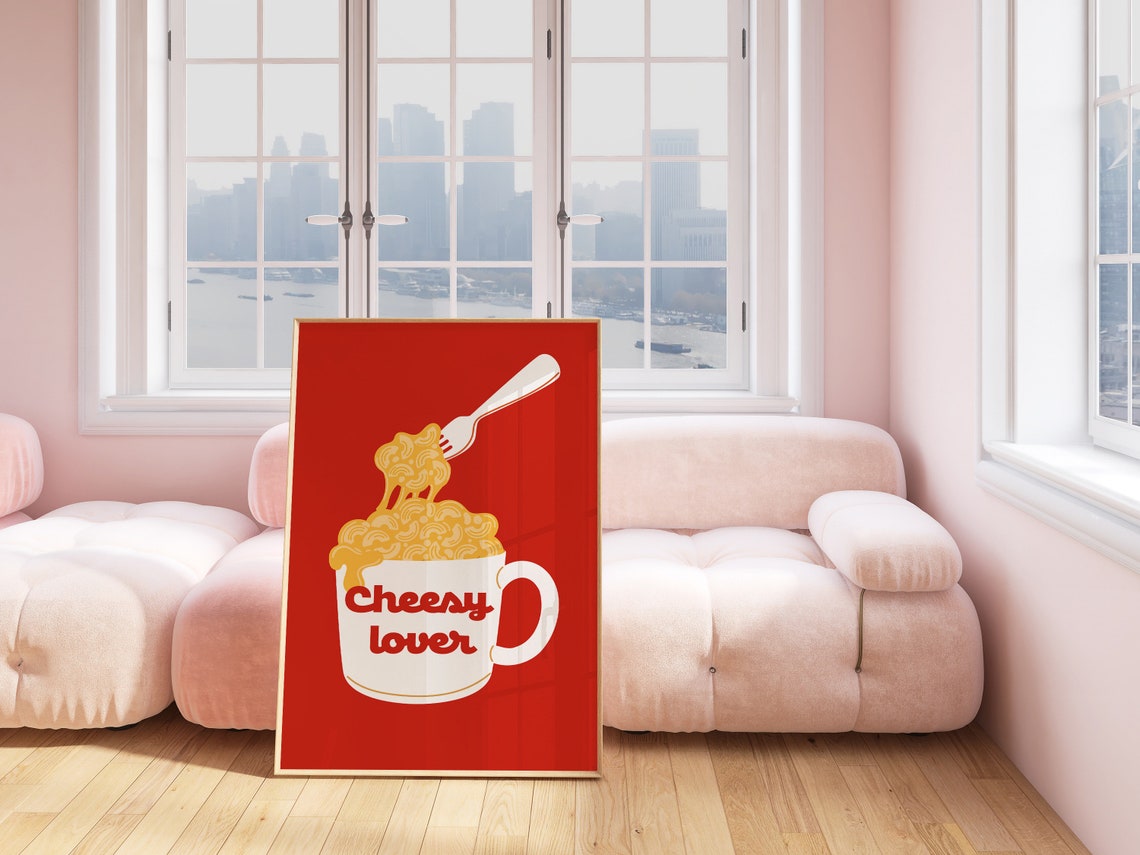 Red Retro Mac and Cheese Mug Cheesy Lover Kitchen Art Poster - Image 2