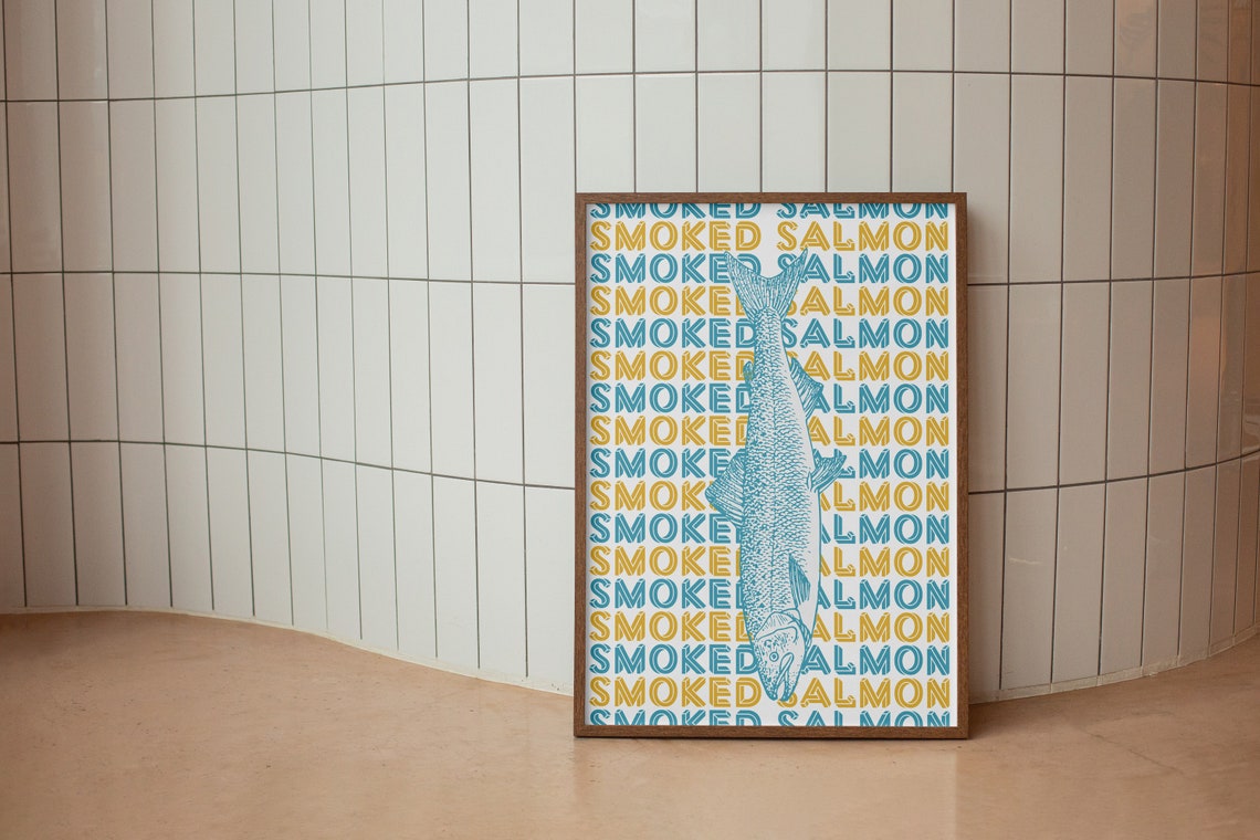 Smoked Salmon Fish Illustration Blue Gold Repeated Text Poster - Image 3