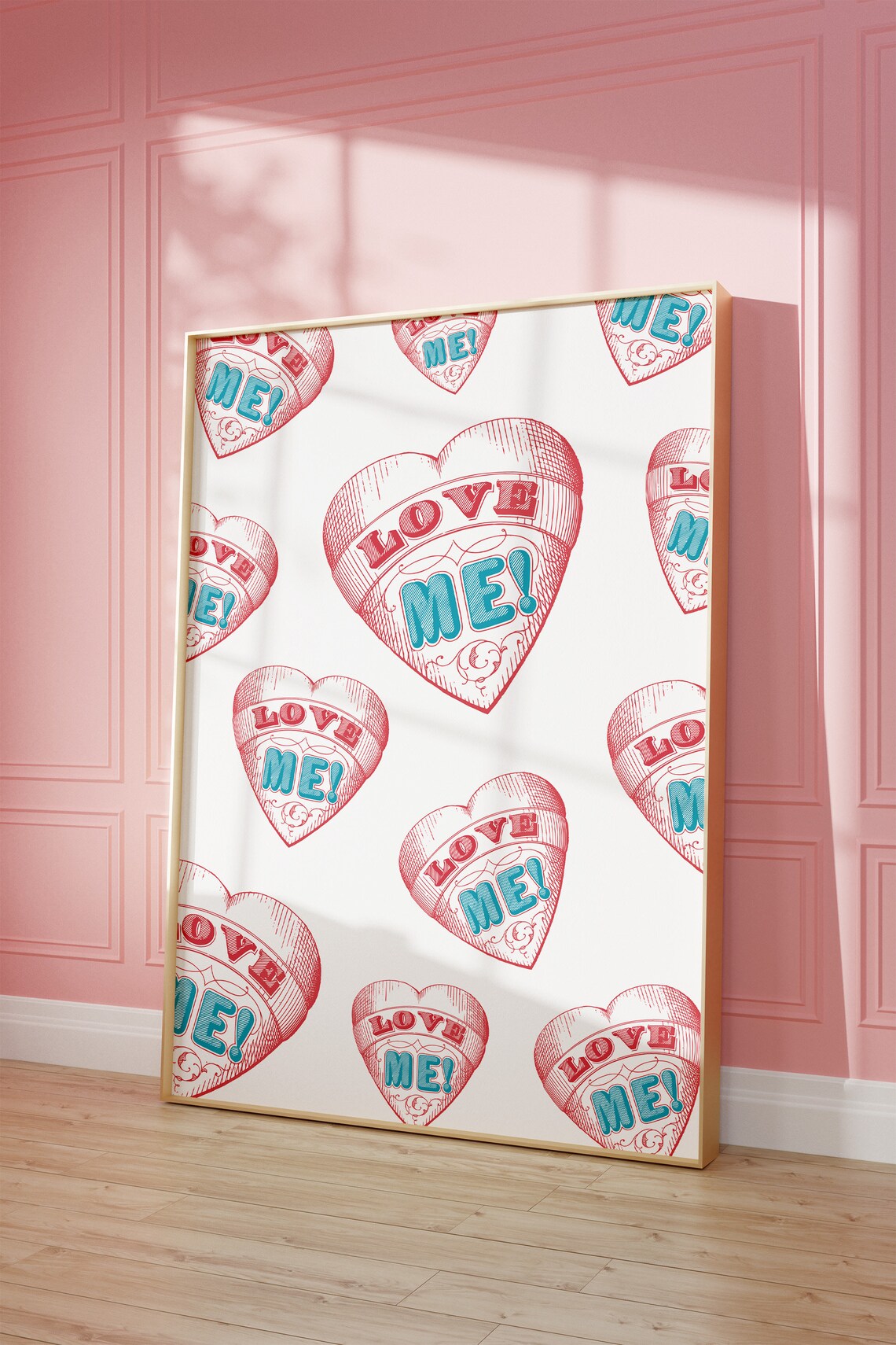 Love Me Tattoo Heart Pattern Vintage Maximalist Pink Wall Art
