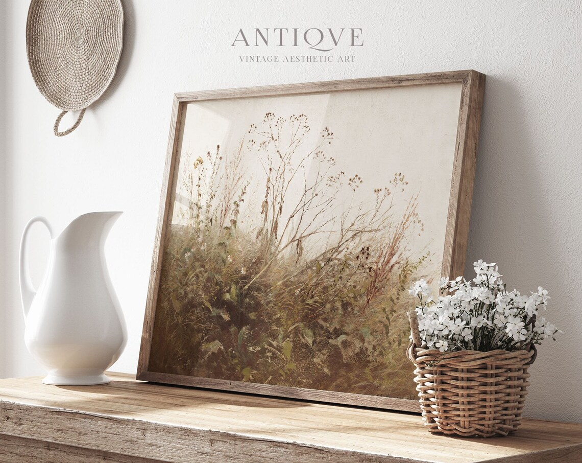 Neutral Wildflowers By The Water Landscape Art Print - Image 4