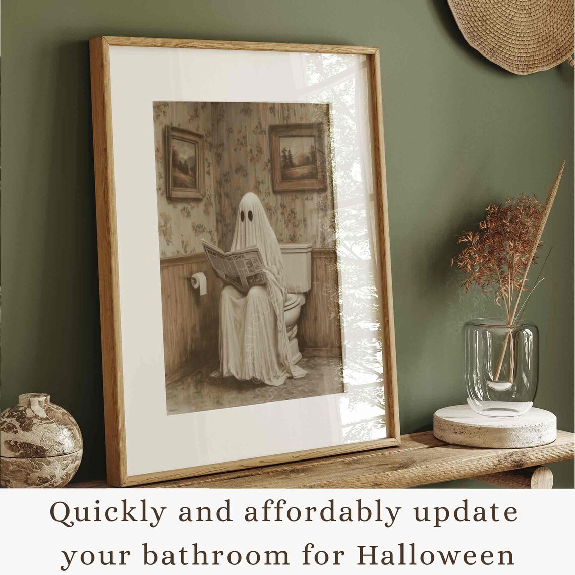 Ghost Reading Newspaper On Toilet In Vintage Bathroom Funny Halloween Poster - Image 4